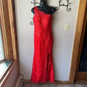 Red lace beaded, one shoulder gown. Prom, bridesmaid, formal.
